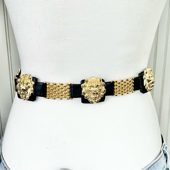 Lionhead Gold Medallions Bars on a Black Leather Belt main image 4